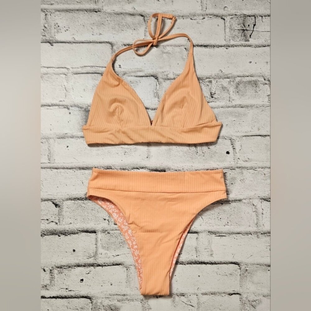 Gilly Hicks Reversible Bikini Set Peach Ribbed Floral Halter High Waist